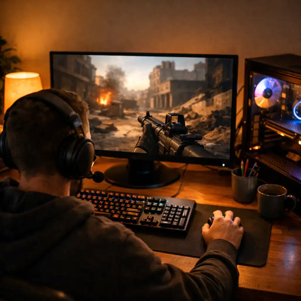 Gracz korzystający z zestawu PC w praktyce